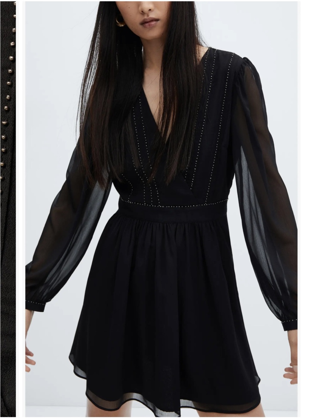 Mango Black Flowy Beaded Long Sleeve Dress